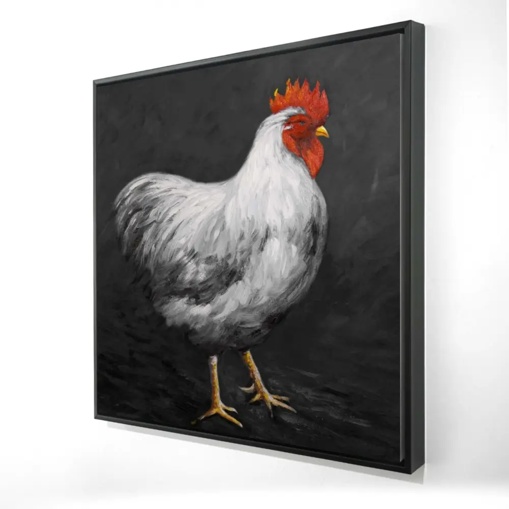 360 stand Gray Rooster Artistic Framed Photo Print, 24x24 in. White Farm Animal Home Decoration, Ideal Room Gift for Home Enthusiasts, Wall, Artwork, Grey Rooster, Room Accessories, Decorative Art, Farm Animals