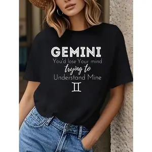 Womens Gemini Zodiac Graphic T-Shirt - Youd Lose Trying to Understand Mine Casual Round Neck Tee, Medium Stretch, Machine Washable Springsummer Black Top with Bold White Lettering, Ladies T Shirt