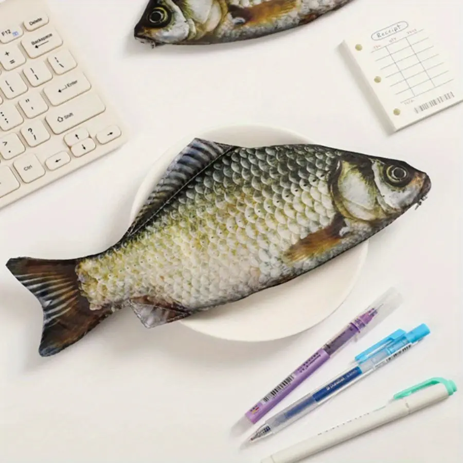 1Pc Carp Shaped Zipper Bag Lightweight Pen Case Cosmetic Bag Simulation Salted Fish Pencil Pouch Bag Fun School Pencil Case Stationery Supplies Office Supplies