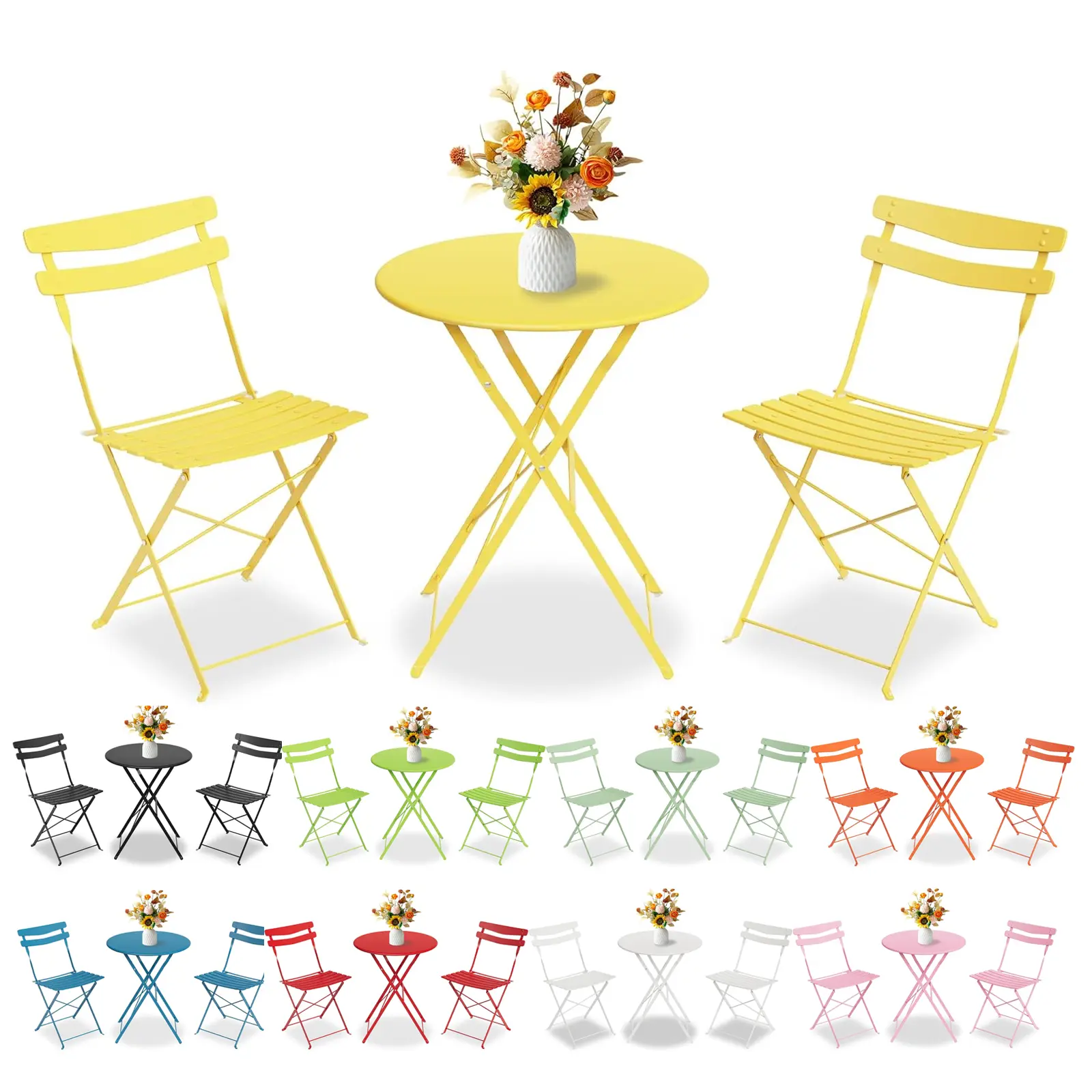 Minimalist 3-Piece Foldable Rectangle Patio Bistro Set - Pre-Assembled, Lightweight & Compact, Anti-Rust Coated Metal Frame Table & 2 Chairs, Multiple Colors, Stable Outdoor Furniture for Apartment Back Porch, Balcony Home Decor