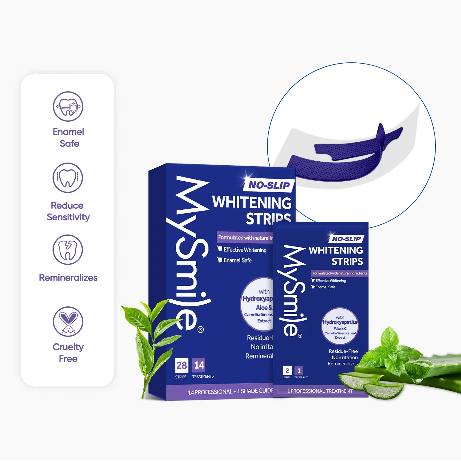 MySmile No-Slip Purple Whitestrips (14 Treatments, 28 Strips) - Non-Peroxide, Plant-Based, Gentle Tooth Brightening Strips, Reduce Sensitivity, Anti-Cavity Teeth Whitening, Unscented, Fresh Breath, Buy 1 Get 1 FREE Regular Whitestrips