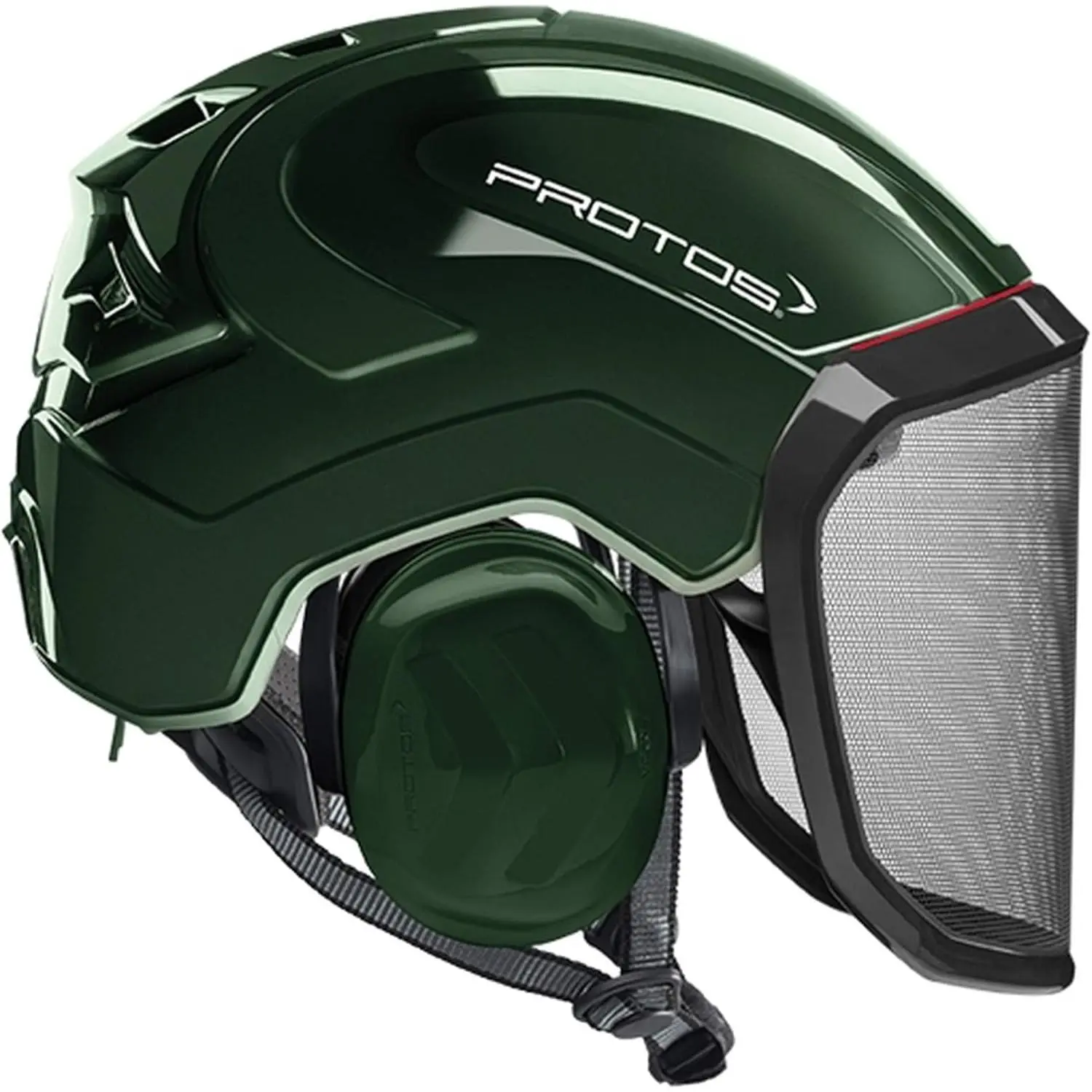 Protos Integral Arborist Helmet - Olive, Integrated Visor (Face Shield), Hearing Protection, Adjustable Airflow, Chin Strap, Ultra-Light for Climbing, Arborist Work, Side Impact Resistant, EN Certified, Certified To En 12492