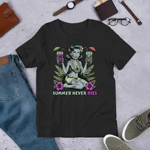Summer Never Dies | Zombie Pinup Dark Tiki Shirt | Horror Rockabilly Tee |