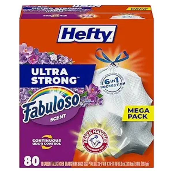 Fabuloso 13-Gal Drawstring Trash Bags, Sturdy Disposable Drawstring Bin Bags, Deodorizing Leak-Proof Puncture-Resistant Scented Odor Control Home Kitchen Supplies, 80-Count, Deodorizing Trash Bags