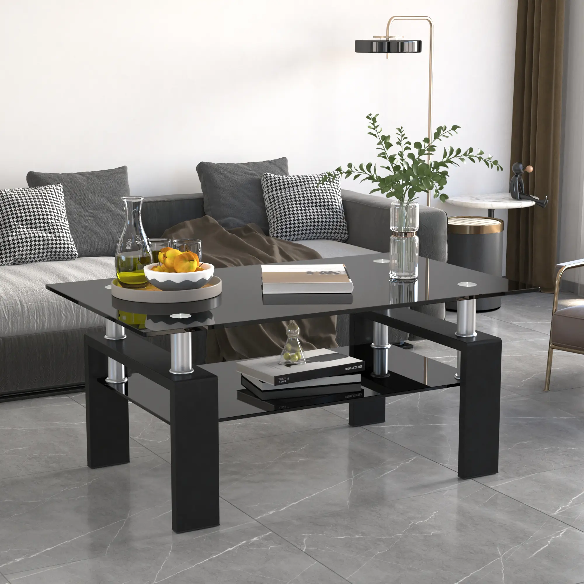 Modern Rectangle Tempered Glass Coffee Table Double-Layer Clear Glass Center Table with Metal Frame for Living Room Office 39.37" x 23.62" x 17.7" Durable Sturdy Construction Easy to Clean