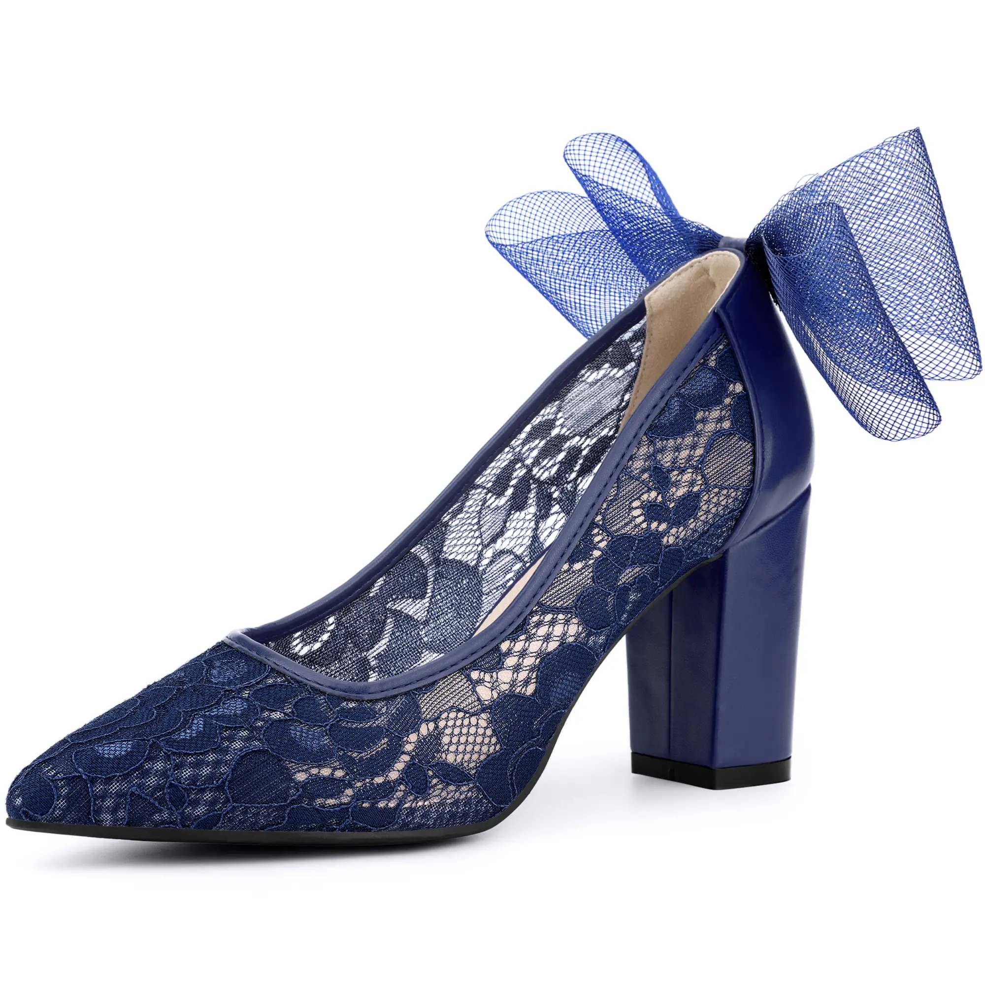 BLISSFUL STEP Wedding Lace Heels Shoes with Bow Bridal Pointed Toe Block Pumps for Women
