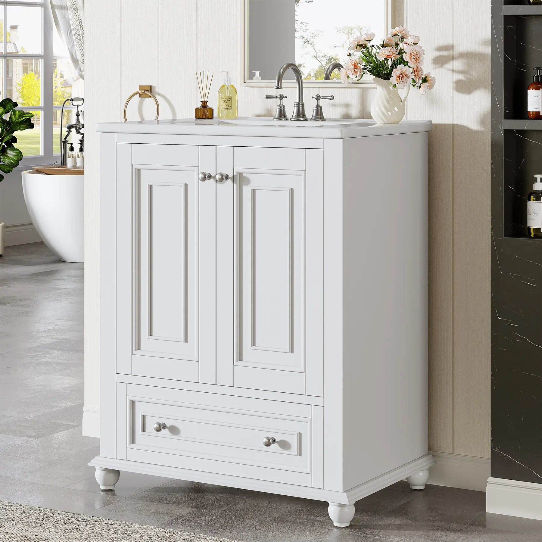 Tribesigns 24" Bathroom Vanity with Ceramic Sink Combo, Freestanding Bathroom Storage Vanity Cabinet with 2 Doors & 1 Drawer, Solid Wooden Frame & Coated Surface, Metal Handle