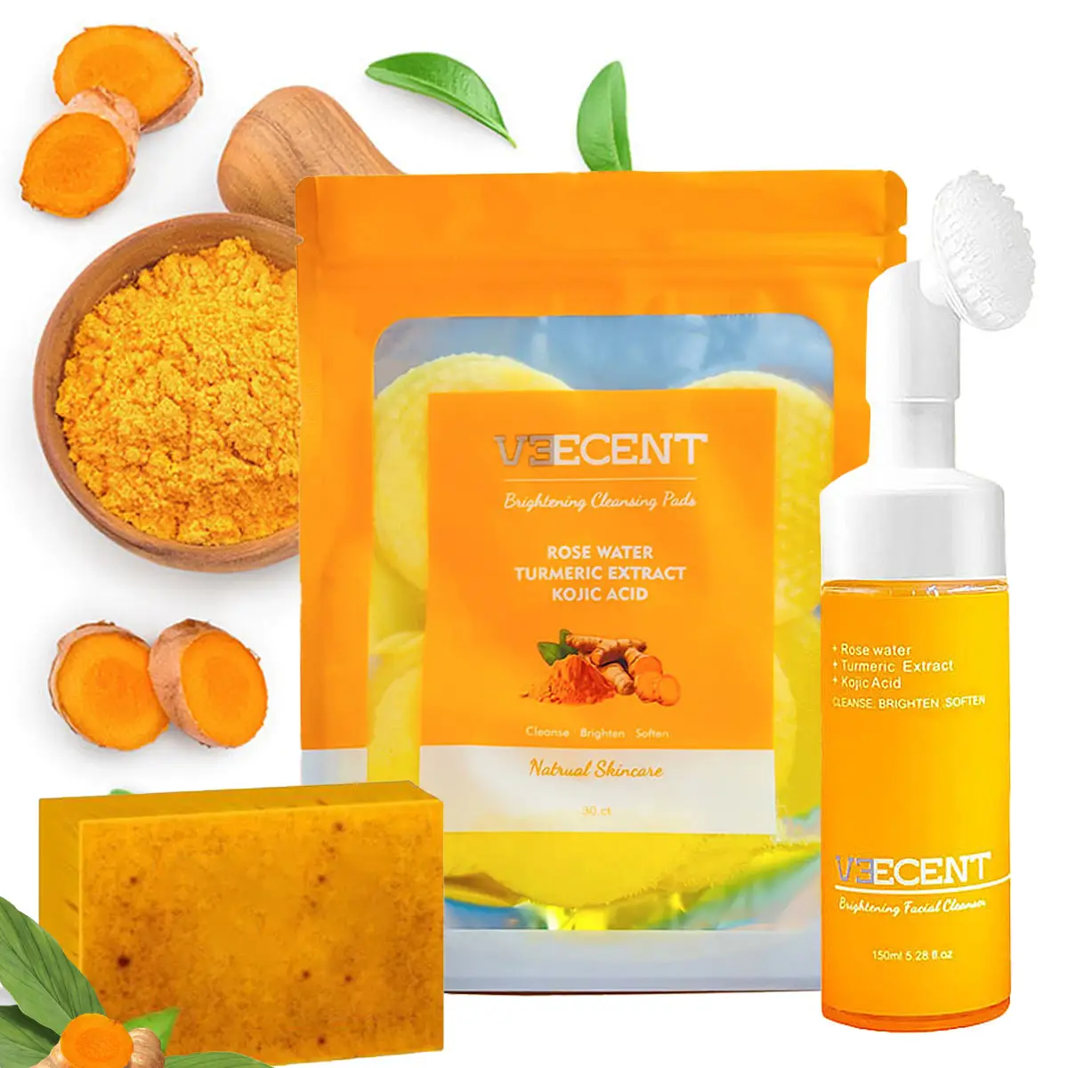 Veecent Turmeric Cleansing Three-Piece Set – Turmeric Facial Cleanser, Turmeric Cleansing Pad, Turmeric Soap (Facial Cleansing Skincare Set) Repairing
