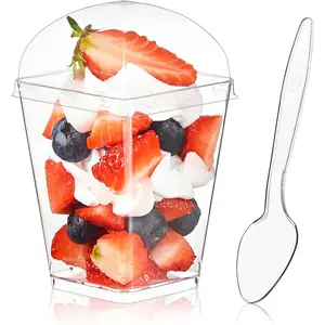 50 Pack 5 oz Dessert Cups with  and Spoons, Clear Plastic Parfait Appetizer Cups Dessert Shooters Party Serving Cups for Pudding Fruit Mousse and Yogurt