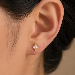 Pink Oval Crystal Cartilage Earring, Gold Tone CZ Cluster Stud with Ball Back, Dainty Helix Tragus Conch Piercing Jewelry, Elegant Sparkling Ear Stud for Women, Cute Gift Jewelry