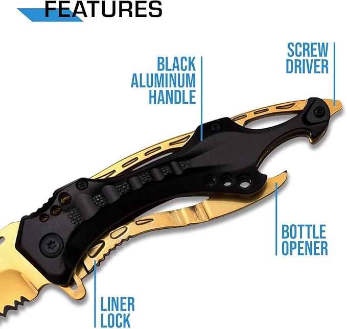 MTECH USA Folding Knife, 3.75-Inch Half-Serrated Blade, Gold Titanium Coating, Glass Breaker MT-A705BG
