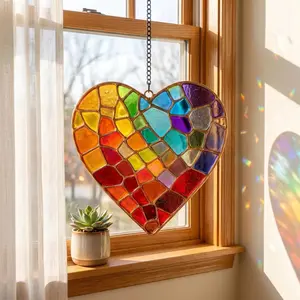 Rainbow Heart Acrylic Suncatcher, Stained Glass Style Window Hanging, 6in Colorful Swirl Light Catcher, LGBTQ Pride Decor, Gift for Women