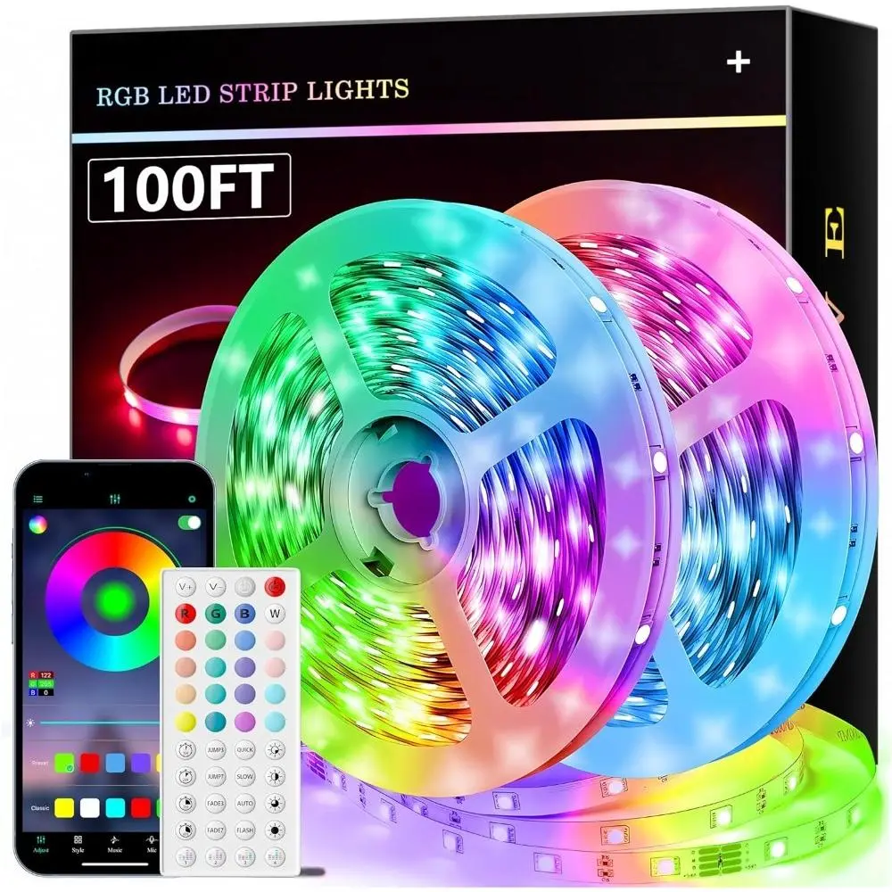100 Feet LED Light Suitable for Bedroom Music Synchronization LED Strip with 40-Key Remote Control and App Control Function, Color-Changing RGB LED Light Suitable for Room, Home, Kitchen, Party, Christmas Decoration (2 Rolls, Each Roll 50 Feet)
