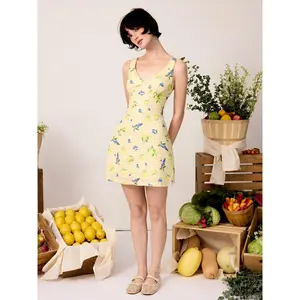 Cider Fruit Gingham V-neck Bowknot A-line Mini Dress