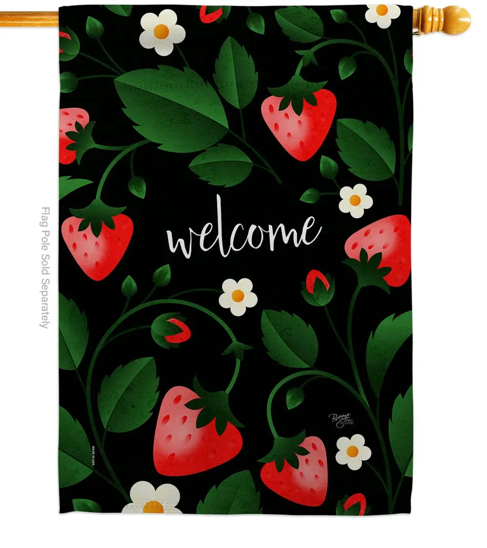 Breeze Decor H120255-BO 28 x 40 in. Welcome Strawberries Food Fruit House Flag with Double-Sided Decorative Vertical Flags