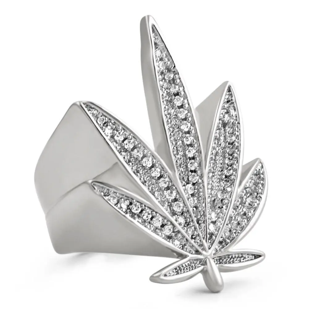 Affordable Fashion Rare Limited Production Cubic Zirconia Ring - Marijuana Leaf 420 Rhodium-Plated Costume Jewelry Accessory