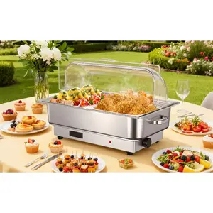 9QT Electric Chafing Dish Buffet Set, Stainless Steel Food Warmer with Roll Top Clear Lid, Adjustable Temperature Control, Commercial Buffet Server for Parties & Events