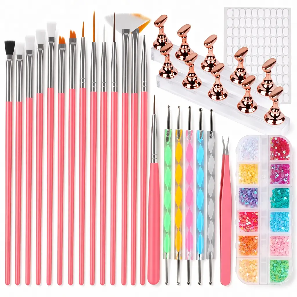 25PCS Nail Art Tools Set with Nail Art Brushes, Dotting Tools, Striping Pens, Tweezers, Nail Stand and Nail Decorations