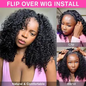 [3 IN 1 Half Wig] Kinky Curly Human Hair Wig Seamless Flip Over Half Wig Deep Wave Invisible Hairline Beginner Friendly Curly Wigs for Women With Drawstring