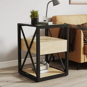  [Bellemave] Modern End Table with Drawer, 3-Tier Nightstand with Tempered Glass & Wood Top, Industrial Style Side Table for Bedroom & Living Room