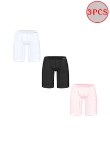 Men's 3pcs Stretchy Sheer Trunks Set - 67/33 Blend Menswear Underwear, No-Ride-Up Waistband, Ultra-Thin Seamless Transparent 5-Point Pants, Tight Fit Sporty Hipster, Soft Breathable Underwear, Spandex for Gym, Beige Mixed Plain Smooth