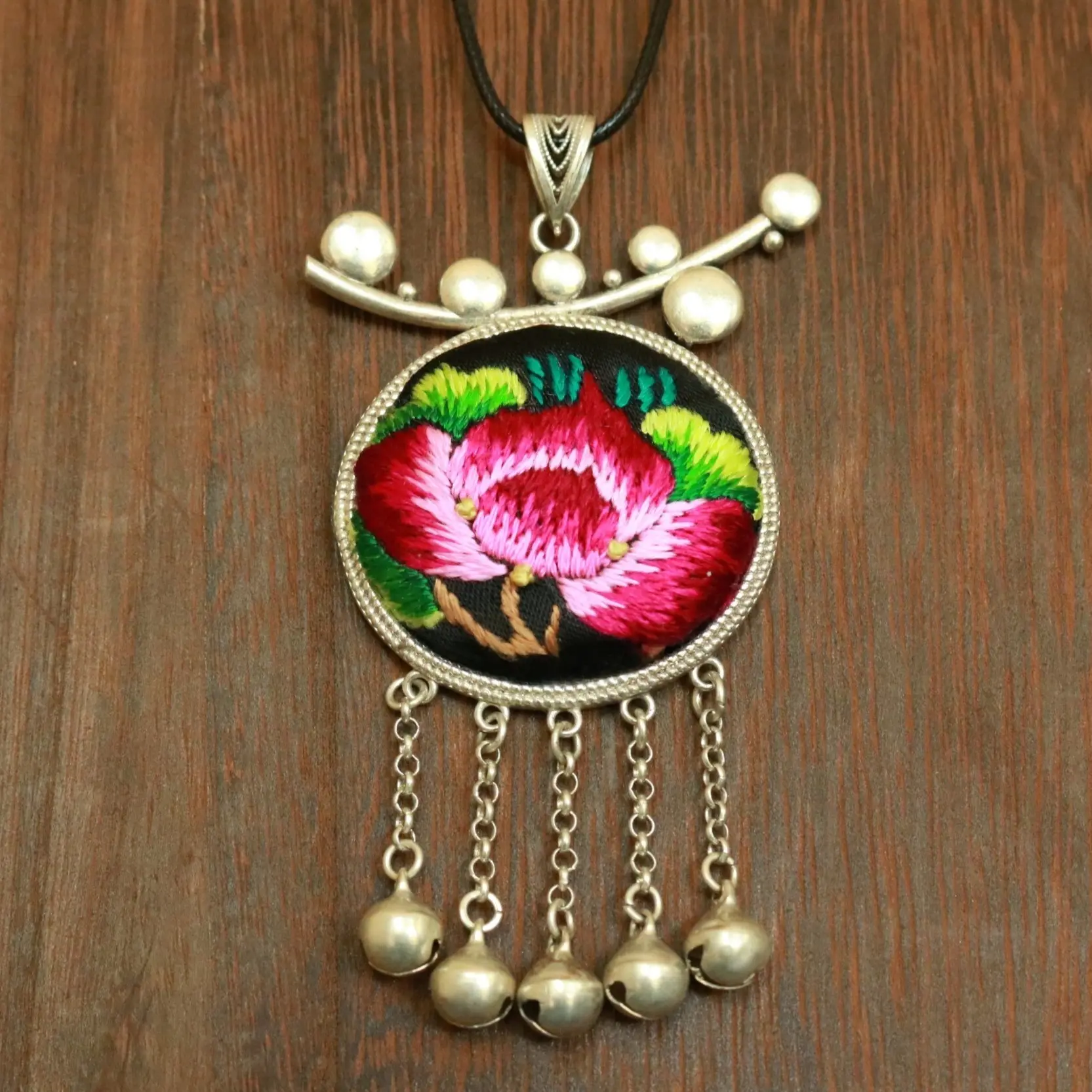 Embroidtale Hand-embroidered Necklace with Bells - Ethnic Hmong Crafted Vintage Silver-plated Bronze
