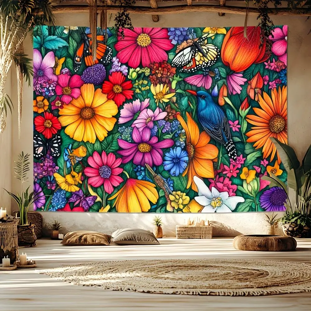 1PC Durable Decorative Tapestry - Polyester Boho Floral Design, Flower Pattern with Butterfly, Bird, Home Supplies for Bedroom Decoration, Birthday Festive Backdrop or Door Curtain
