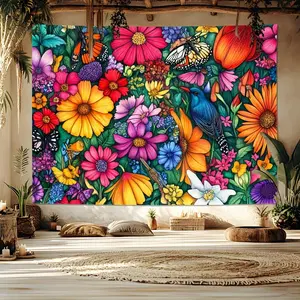 1PC,2D Flat Vibrant Floral Butterfly Bird Tapestry, Festival Decorative Door Curtain, Home Wall Decor Cloth, Bedroom Living Room Decoration, Bohemian Style Tapestry