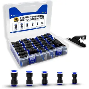 100 count Push to Connect Fittings Pneumatic Air Line 4 6 8 10 12 mm Straight Push to Link Quick Release Connectors with 1 count Tube