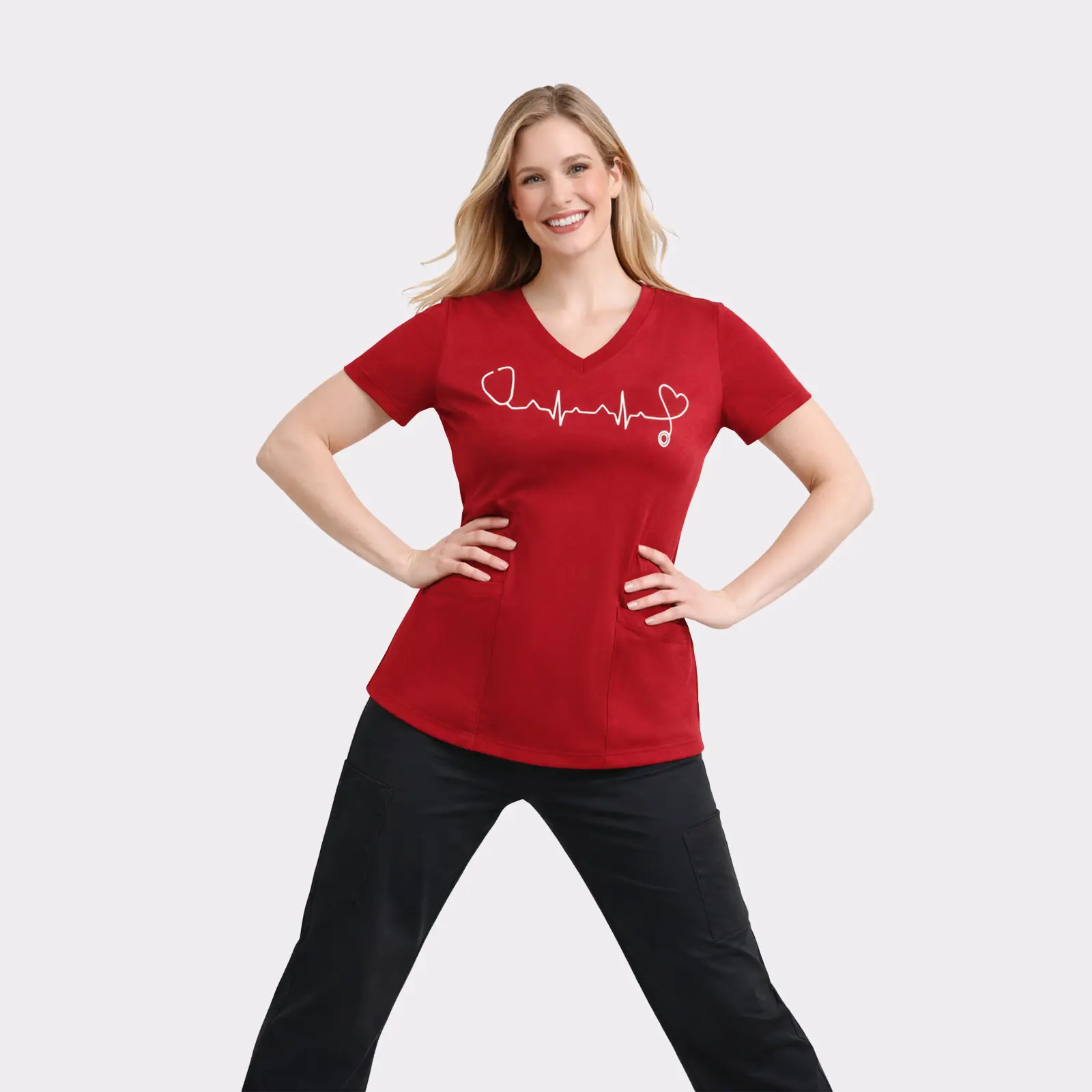 Cimmuovere Valentine's Day Edition Women's scrubs that warr k Red V-Neck T-Shirt with Heartbeat Design Comfortable Casual Wear brillant affordable  sets 9  pockets uniformed enfer meria  stok Vintage medical crew Square Neck Slim Crop Top Christmas Funny