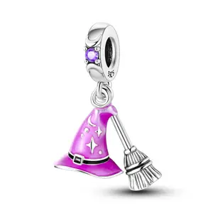 MULA 925 Silver Plated Wizard Pendant | Magic Hat and Broom Charm | Enamel and Zirconia | Suitable for Pandora Bracelets and Necklaces | Fantasy Themed Jewelry Gift ‍️