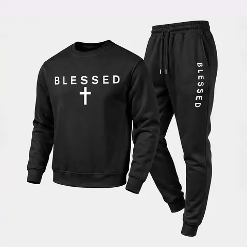 Men's "Blessed" Text And A Cross Graphic Crewneck Sweatshirt and Jogger Pants Set, Casual Long Sleeve Pullover with Drawstring Sweatpants, Fall Winter Tracksuit for Daily Wear, Travel, Lounge, Workout and Indoor Outdoor Activities