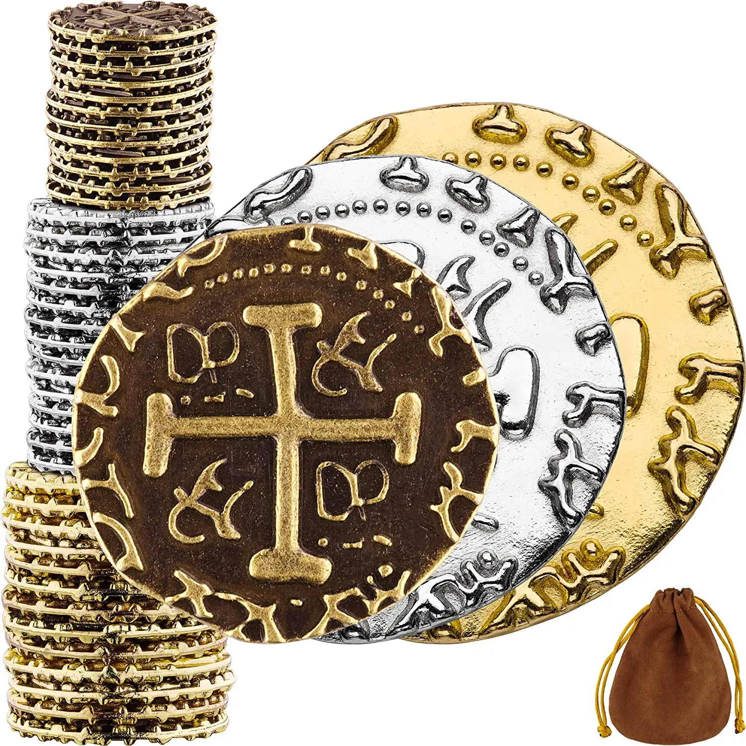 Large Pirate Coins - Back to School 36 Bronze, Silver & Gold Treasure Coin Set - Metal Replica Spanish Doubloons for Pirate Party Decorations & Favors, Tokens, Cosplay - Pirate Treasure Chest - Mixed Sizes