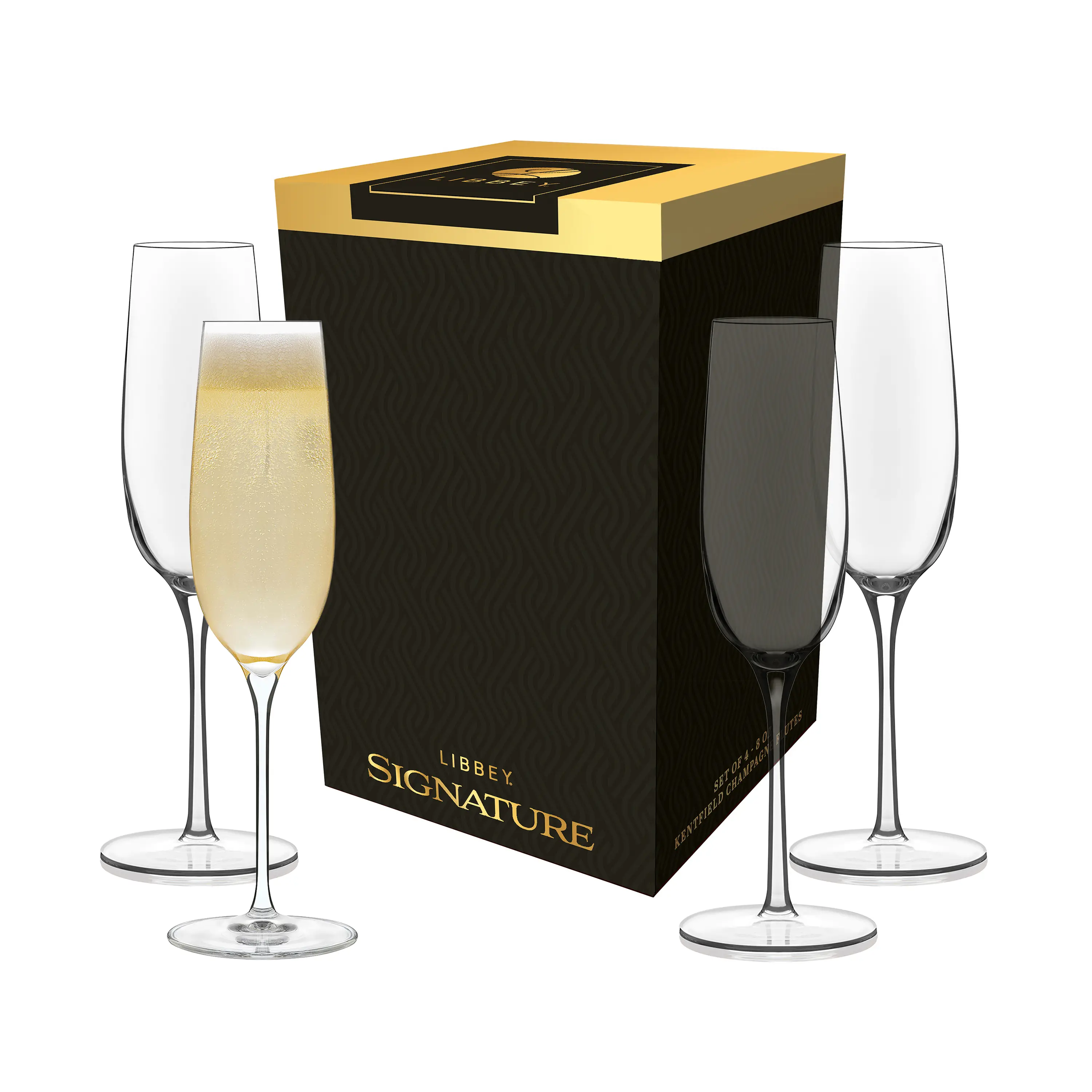 Libbey Signature Kentfield Champagne Flute Glasses, 8-Ounce, Set of 4, Made in USA, Dishwasher Safe, Elegant Stemmed Glassware, Gift Box