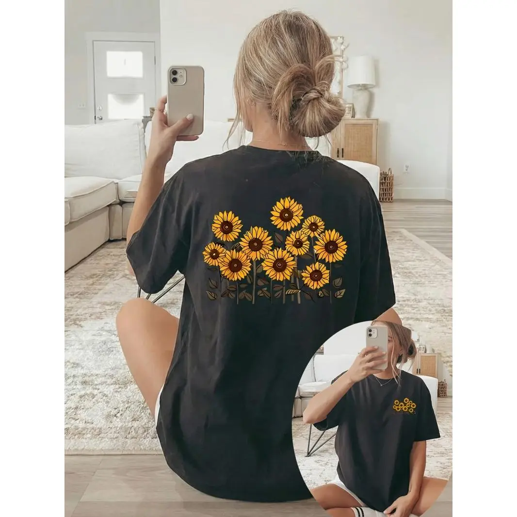 Sunflower Graphic T Shirt Women Oversized Loose Fit Crewneck Short Sleeve Soft Cotton Casual Summer Top Cute Trendy Streetwear Everyday Outfit