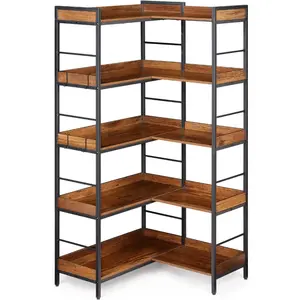 Bookshelf 5 Tier with 4 Hooks, Reversible Corner Bookshelf, 65" Industrial Wooden Bookcase with Open Shelves and Metal Frame for Living Room, Bedroom, Home Office, Rustic Brown