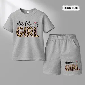 Girls' "Daddy's Little Sweetheart" Leopard Print And Letter Graphic Short-Sleeved T-Shirt And Shorts Set, A Casual Summer Outfit For Children, Featuring A Comfortable Round Neck Design, Suitable For Everyday Wear And Outdoor Activities.