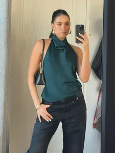 Summer Women's Halter Top Sleeveless Vest Fitted Satin Backless Cute Top Black Pink White Streetwear Elegant Women's Top Casual Brown Sexy Top