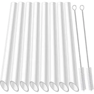 Reusable Clear Boba Straws, 13 mm x 10.5 in, Jumbo Hard Plastic Smoothie Straws for Bubble Tea, Popping Pearls, Pack of 8 with 2 Cleaning Brush Set Utensils Transparent