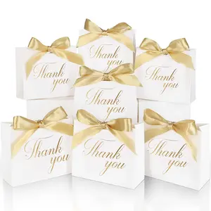 7.09x4.9x1.57 Inches Elegant Small Compact Size Decorative Gift Bags with Ribbon, Ribbon Accents, Thank You Paper Bags with Bow, Gold Foil Printed Mini Candy Treat Bags for Holiday Wedding Birthday Party