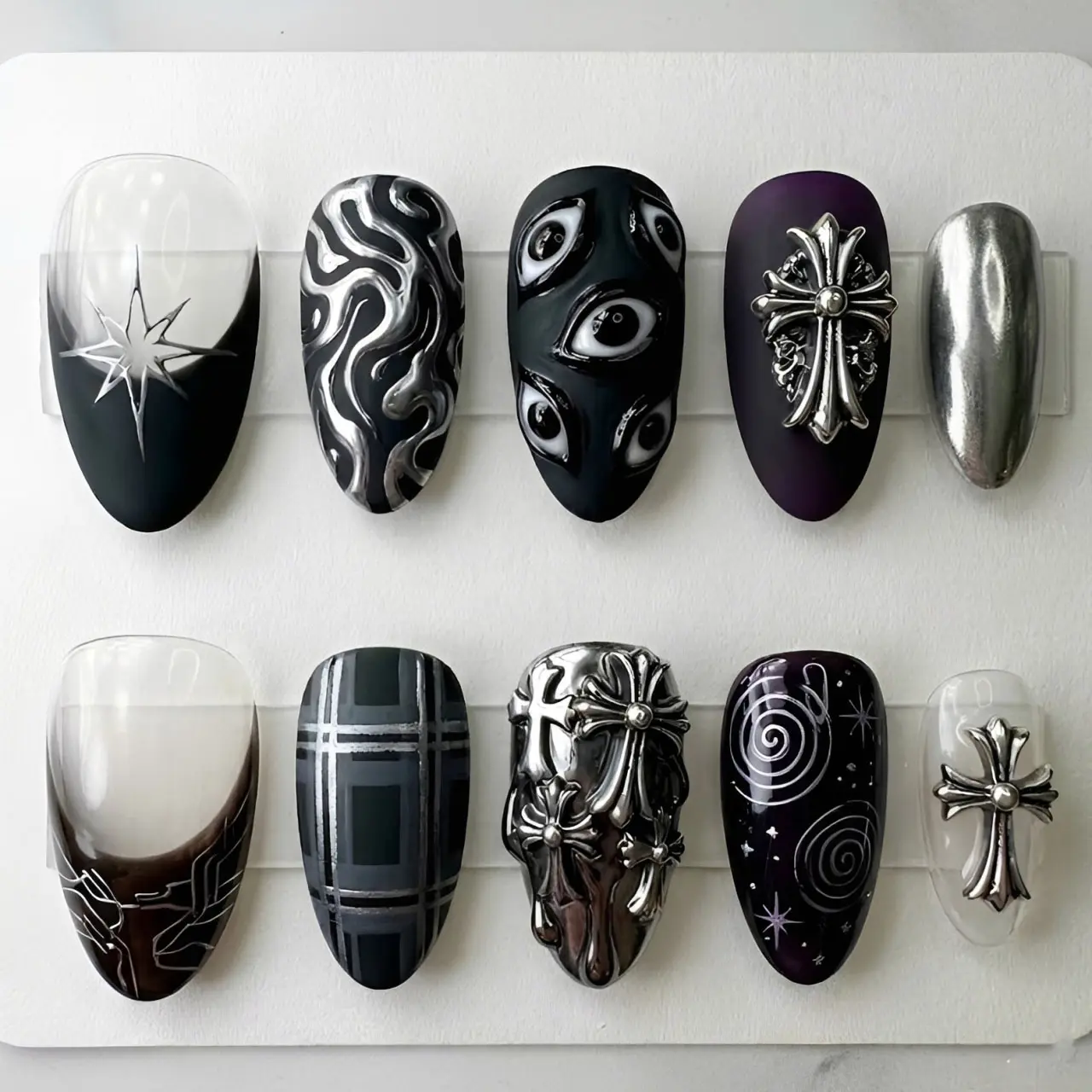 Gothic Cross Press On Nails | Dark Chrome Y2K Alt Grunge Press On Nails | Handmade Black Silver Cyber Goth Reusable Fake Nail Set