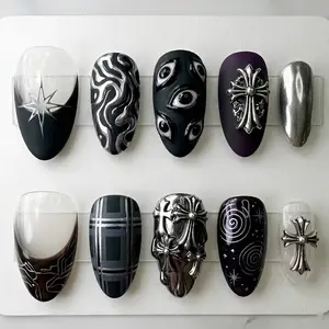 Gothic Cross Press On Nails | Dark Chrome Y2K Alt Grunge Press On Nails | Handmade Black Silver Cyber Goth Reusable Fake Nail Set