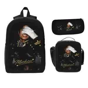 Michael Jackson 3 Piece Kids Backpack Set with Lunch Bag Pencil Case Pop Music Theme School Bookbag Lightweight Travel Daypack Back to School Supplies Ideal Gift for Boys Girls Elementary School Students