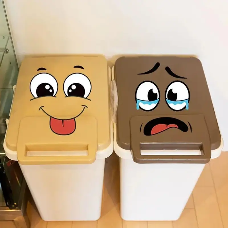 4-Pack Vinyl Wheelie Bin Stickers, Waterproof Durable 20x20cm Cartoon Mood Boost Decals, DIY Self-Adhesive Eyes+Mouth Decor for Fridge/Toilet, Trash Can (Vinyl Stickers Pack for Home Supplies Decor)