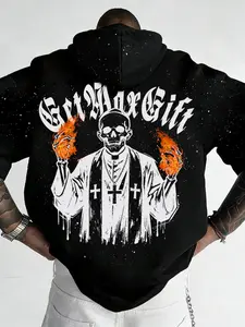 Men's Skull Hooded Sports Sweatshirt, Flame-Themed Logo, Warm Streetwear, Casual Everyday Wear, Urban