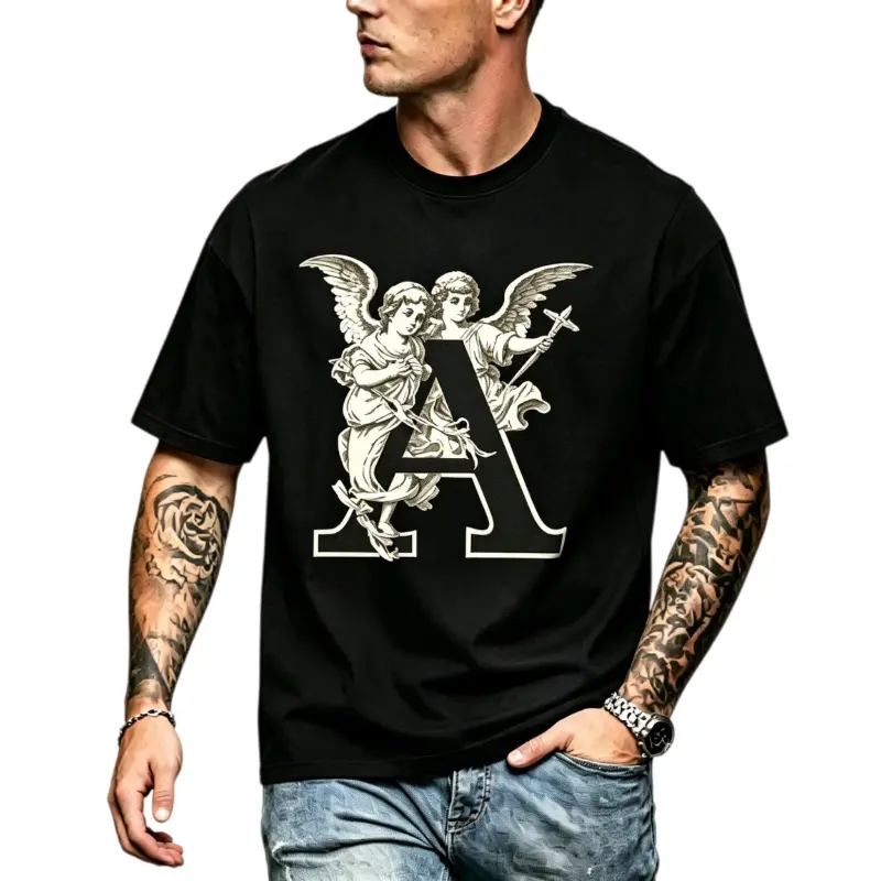 Retro Cherub Angel Letter A Print Men Short sleeve T shirts Classic Sculpture Art Graphic Casual Streetwear Top Vintage Inspired Urban Fashion Tee