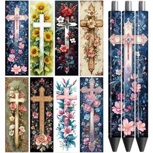 UV DTF Pen Wraps Transfer Sticker Cross Pattern and Flower - 48pcs Waterproof HD Print UV DTF Pen Adhesive Decals for DIY Pencil Pen Decorative Crafts Gifts Giving for Mothers Day