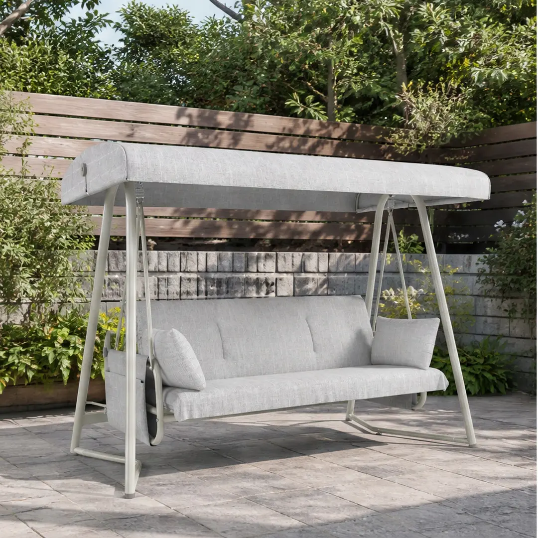ARCH 3-in-1 Powder-Coated Canopy Hanging Patio Swing Bed, 3-Seater, 600 lbs Capacity, Champagne White, Rust-Resistant Metal Frame, Waterproof Cushion, Quiet Sway, Outdoor Garden Porch Furniture, Powder-Coated Canopy Swings, Fabric, Adults, Thick, 93.30 W
