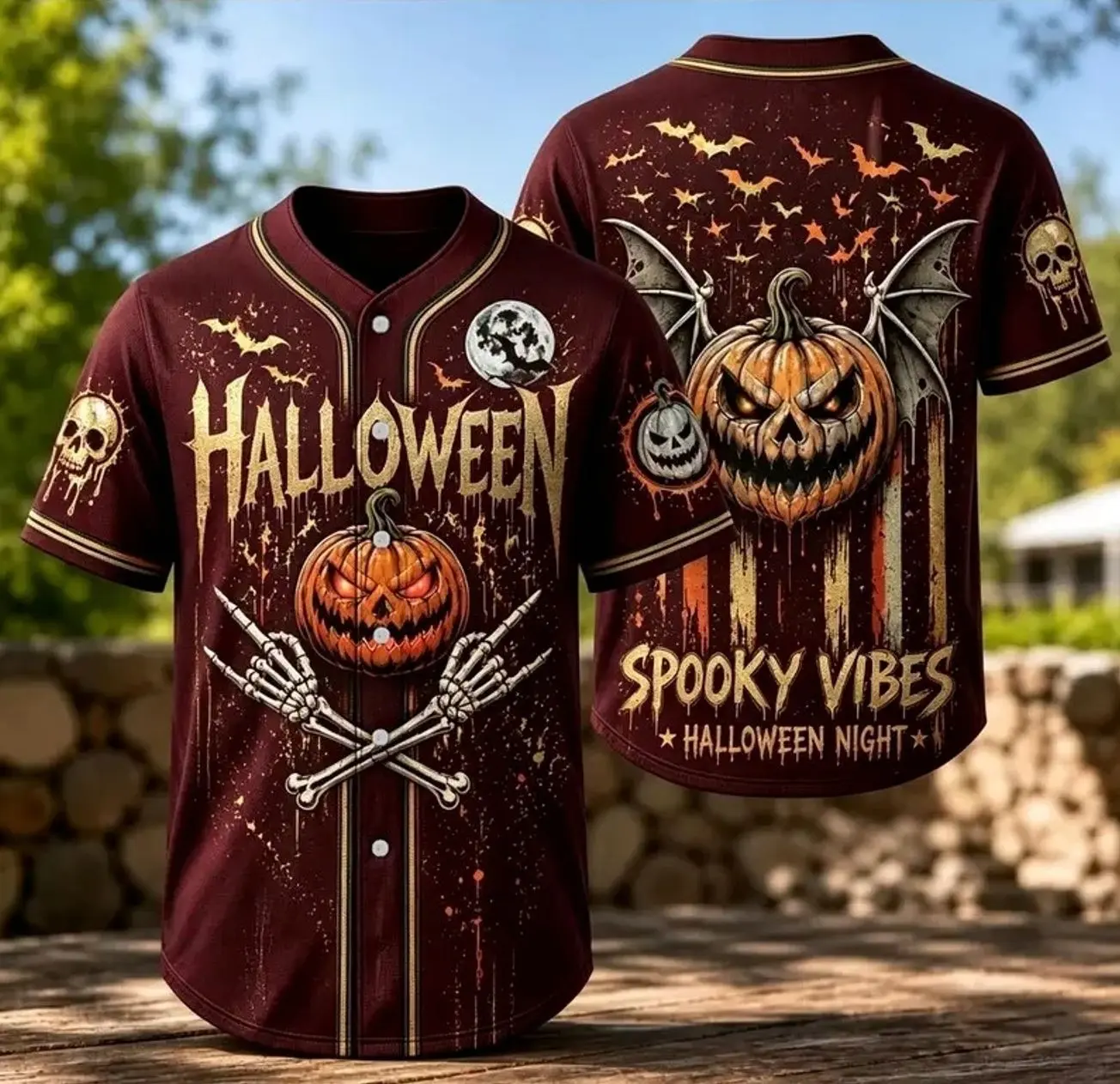 Maroon Spooky Vibes Halloween Pumpkin & Skeleton Hands 3D Baseball Jersey, Spooky Season Sports Shirt