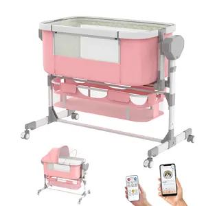 Rocking Bassinet for Baby, Electric Bassinet Automatic 5 Rocking Motion Bassinet Bedside Sleeper for Newborn, Auto Rolling Baby Cradle 6 Height Adjustable with 4 Lullabies, Wheels, Storage